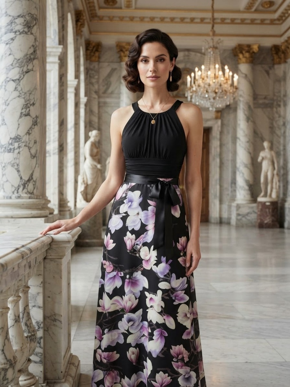 SLNY Black Maxi Skirt with Purple & Pink Floral Print